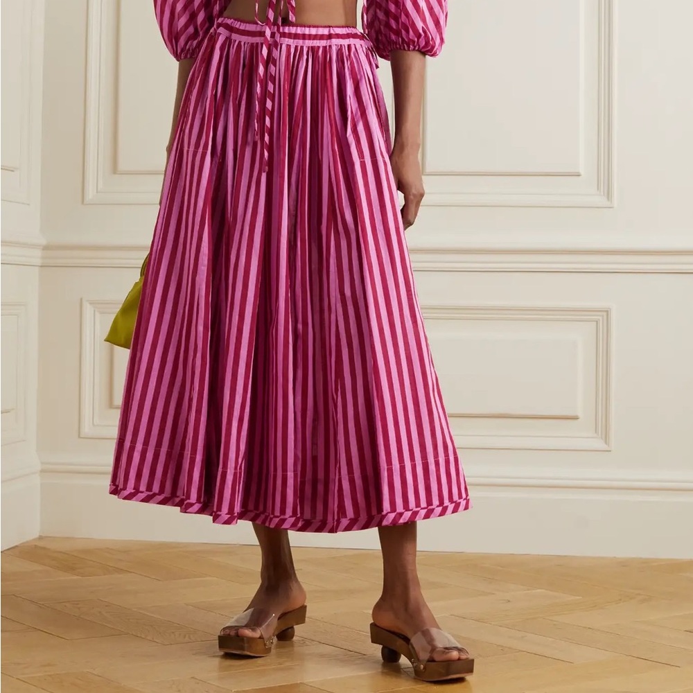 Zimmermann Swing Gathered Rose Pink Striped Cotton-voile Maxi Skirt Size 8 NWT